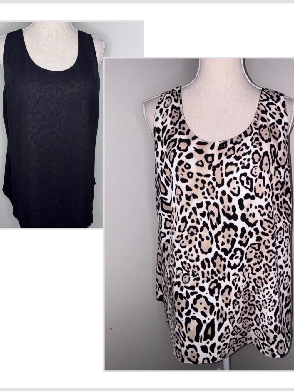 Chico’s reversible leopard print black sleeveless crepe top size 2 Large